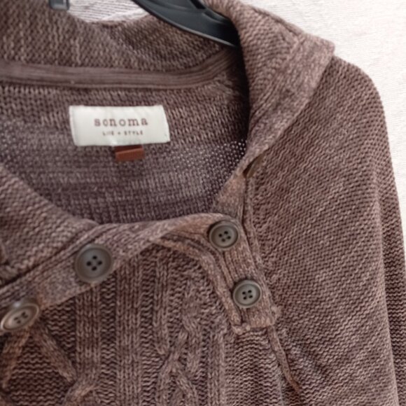 Brown Sonoma Fisherman Style Cable Knit Half Button Wide Fold Collar  LG (T-387) - Picture 8 of 11